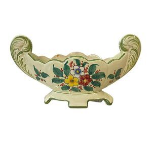 VTG M.N.Co Italy Art Pottery Ceramic Floral Hand Painted Boat Shape Bowl 9inx4in